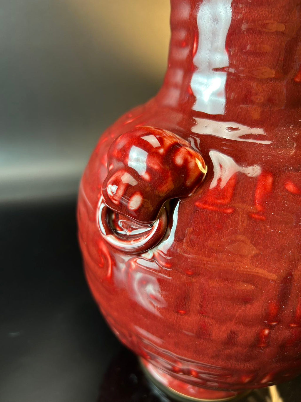 景德镇高温颜色釉郎窑红双狮耳瓶